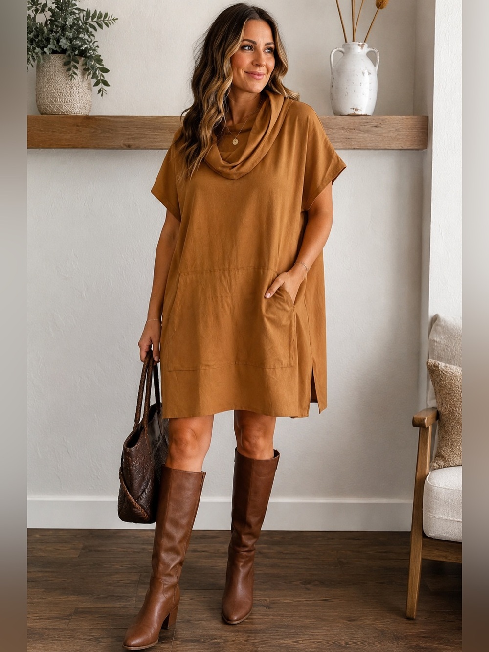 Bryn Walker Cowl Neck Suede Look Tunic Dress Brown Made in USA Size S